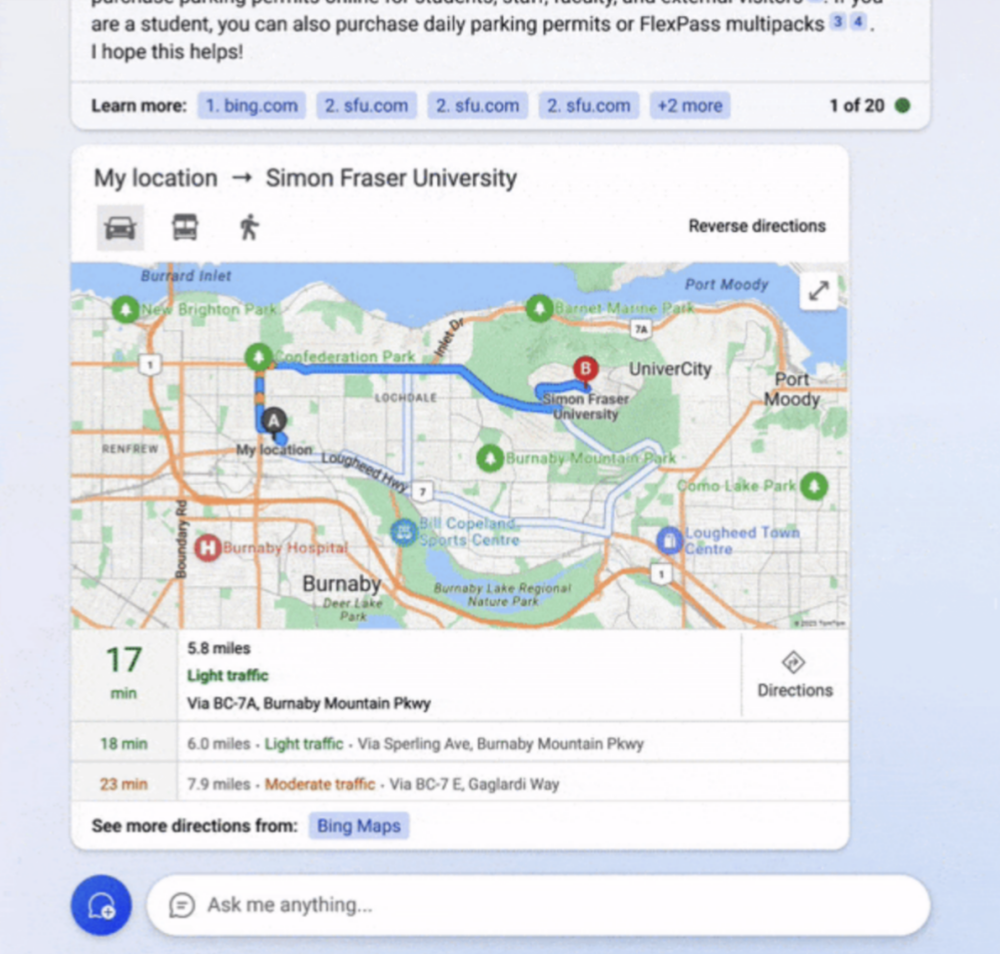 微软Bing Chat现在可以回答与地图和方向相关的查询